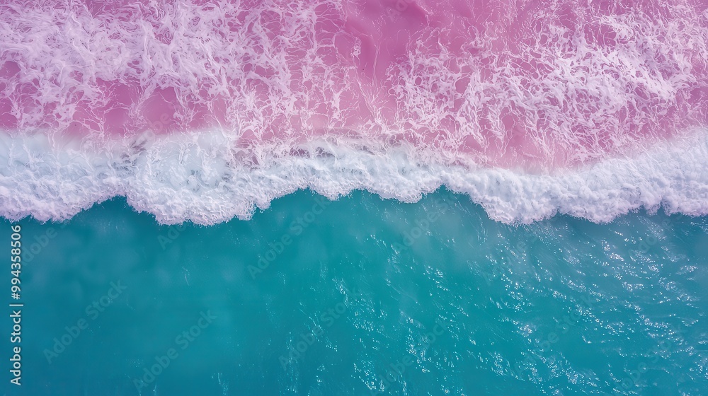 Fototapete the ocean is a beautiful shade of pink and blue. the waves are crashing against the shore, creating 