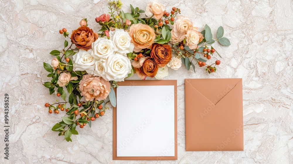 Poster a white card with a flowery border sits on a table next to a brown card. the white card is empty, wh