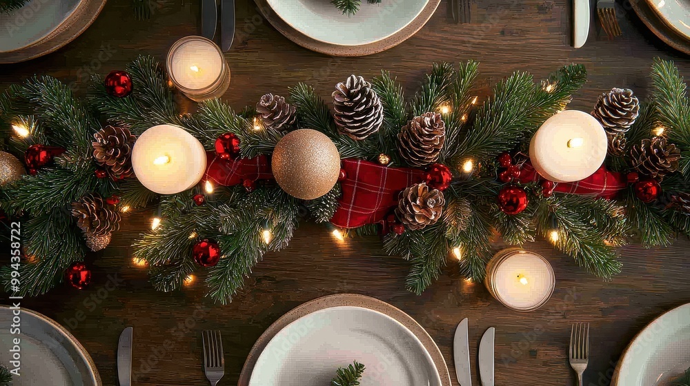 Poster a table with a christmas tree centerpiece and candles. the table is set for a meal. the tablecloth i