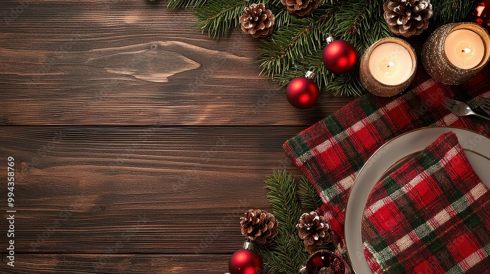 Poster a table with a red and white plaid cloth and a plate with candles and pine cones on it