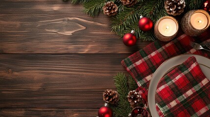 A table with a red and white plaid cloth and a plate with candles and pine cones on it