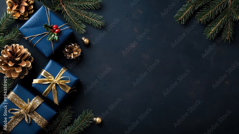 Poster a blue background with three blue boxes and a bunch of pine cones. the boxes are wrapped in gold rib