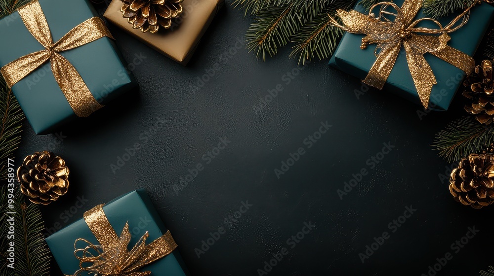 Poster a black background with three green boxes with gold ribbons on top. the boxes are decorated with gol