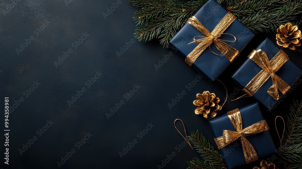 Aufkleber a blue background with three gold wrapped presents on top of it. the presents are wrapped in gold ri