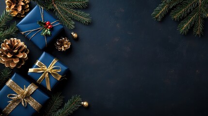 A blue background with three blue boxes and a bunch of pine cones. The boxes are wrapped in gold ribbons and the pine cones are gold and red. Scene is festive and joyful