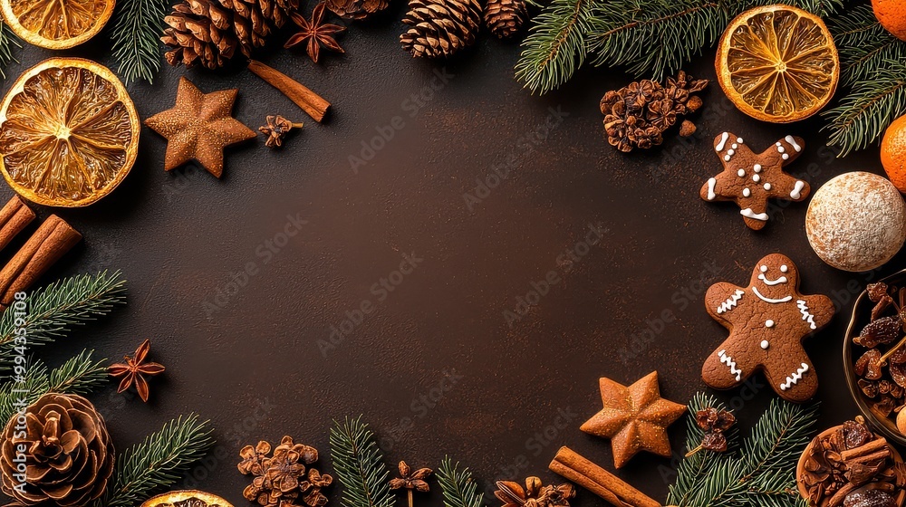 Poster A Christmas table with a brown background and a variety of spices and cookies. The cookies are decorated with icing and the spices are arranged in a bowl