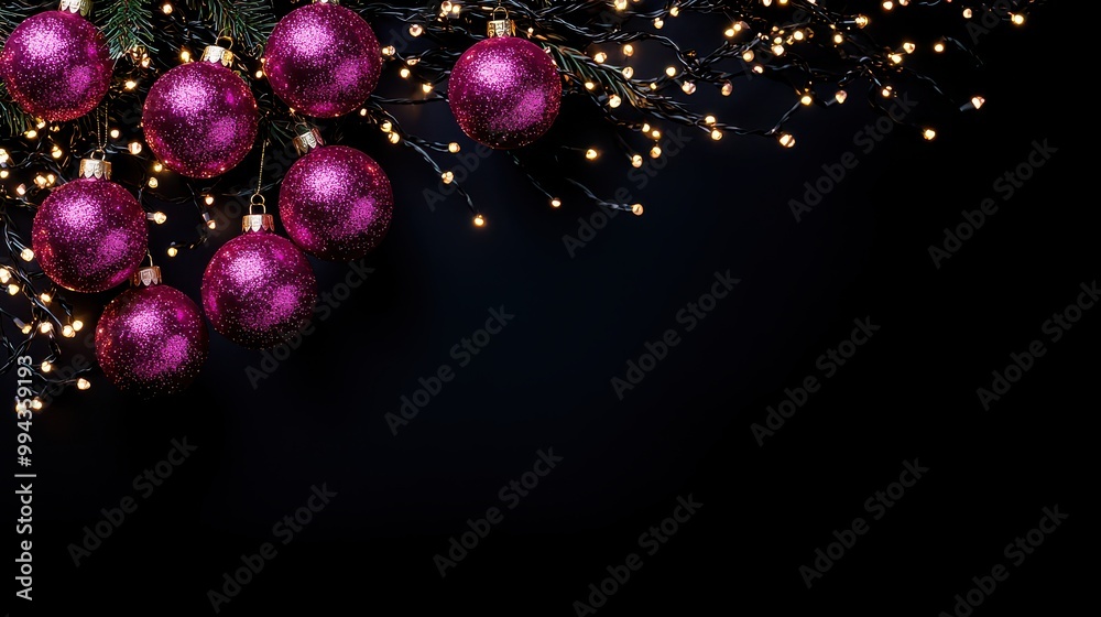 Poster a black background with a row of pink christmas ornaments. the ornaments are arranged in a row and a