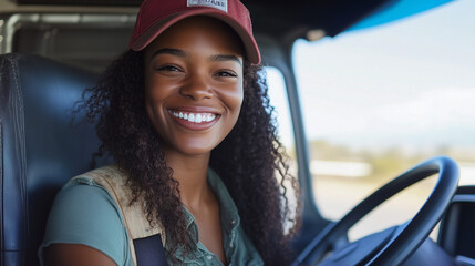 Kierowczyni ciężarówki z radosnym uśmiechem patrzy prosto w kamerę, siedząc w kabinie swojego pojazdu. 