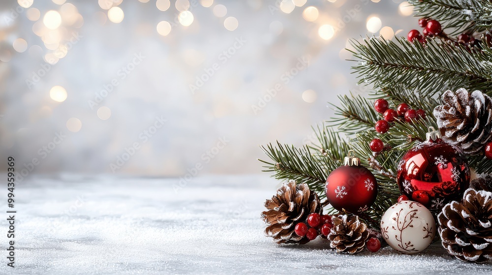 Poster a christmas tree with red and white ornaments and pine cones. the pine cones are in the foreground a