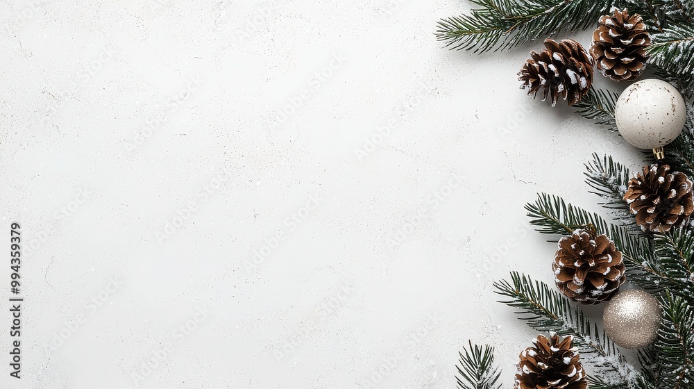 Poster a white background with pine cones and gold balls. the pine cones are arranged in a row and the gold