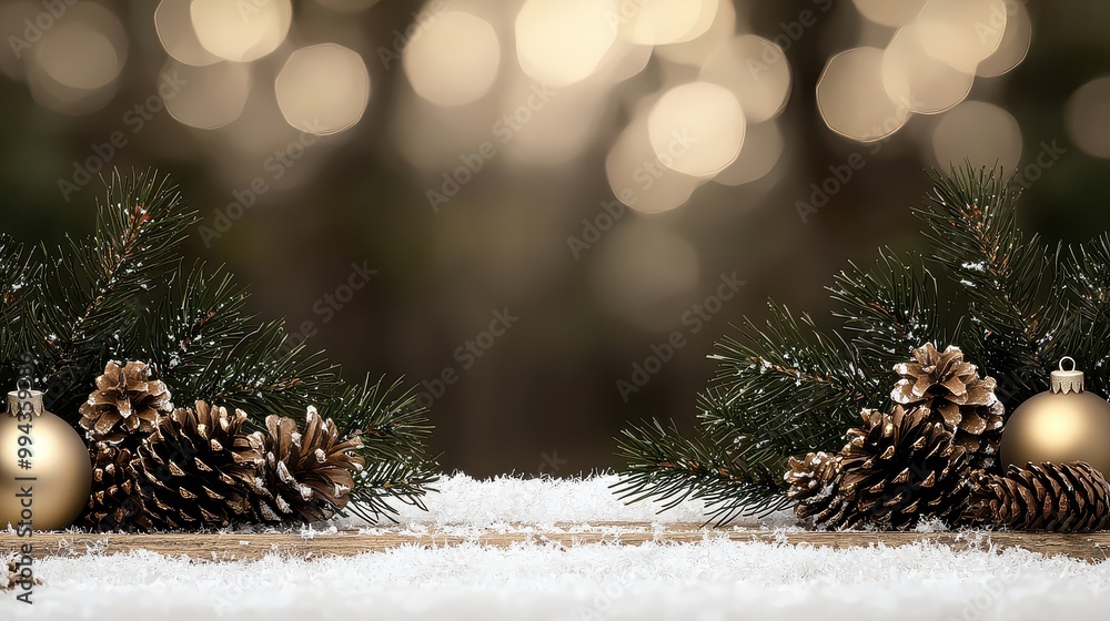 Poster a christmas tree with pine cones and gold ornaments. the pine cones are scattered around the tree an