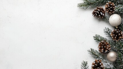 A white background with pine cones and gold balls. The pine cones are arranged in a row and the gold balls are scattered around them. Concept of warmth and coziness, as the pine cones