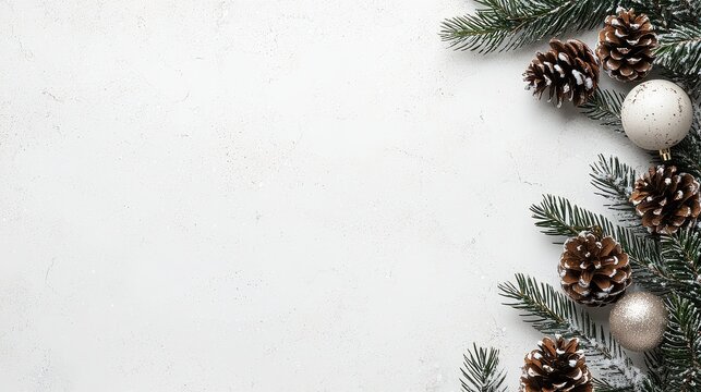 A white background with pine cones and gold balls. The pine cones are arranged in a row and the gold balls are scattered around them. Concept of warmth and coziness, as the pine cones