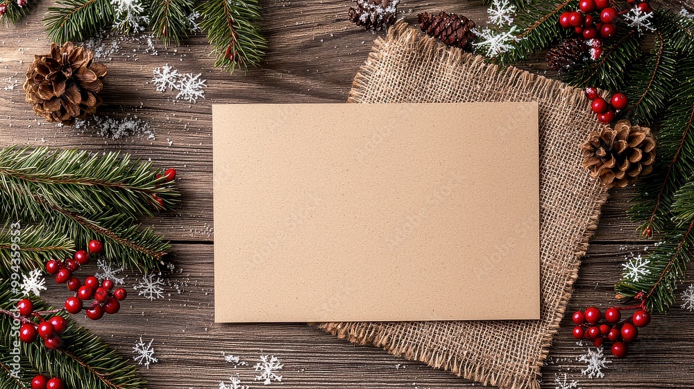 Poster A blank card sits on a table with pine needles and berries. The card is white and has no writing on it. The table is covered in pine needles and berries, creating a festive and cozy atmosphere