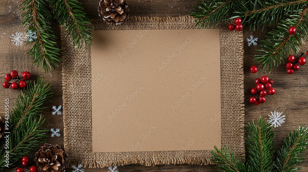 Poster A brown paper with a white background and a pine tree in the background. The pine tree is surrounded by red berries