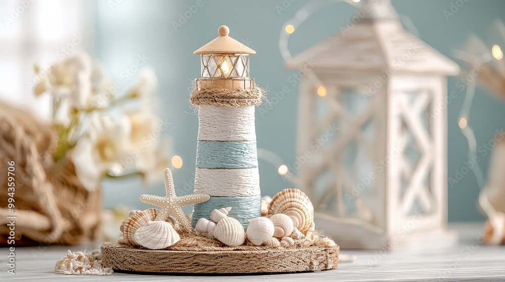 Fototapete A lighthouse with a white and blue base sits on a table next to a lantern. The lantern is lit, creating a warm and inviting atmosphere. The table is surrounded by seashells