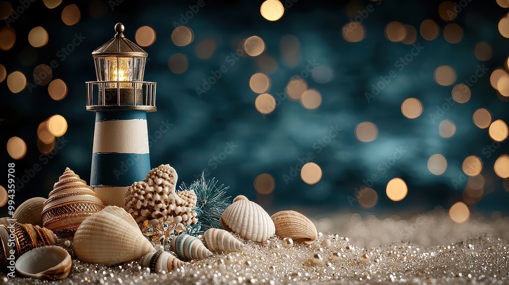 Fototapete A lighthouse is surrounded by shells and other seashells. The scene is set on a beach with a blue sky in the background. The lighthouse is lit up, creating a warm and inviting atmosphere