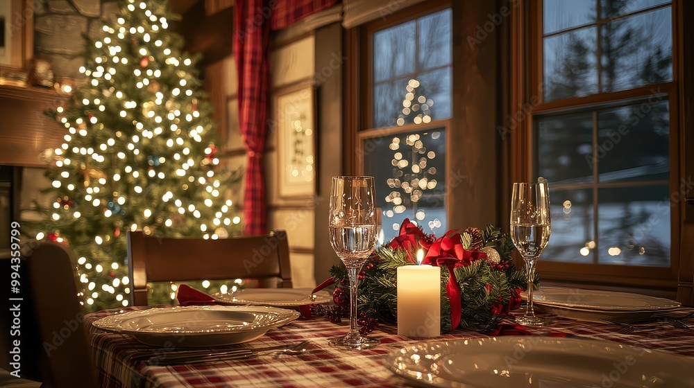 Poster a table with a candle and two wine glasses in front of a christmas tree. scene is warm and festive
