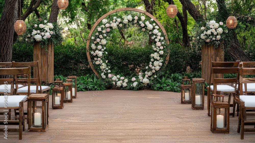 Poster a wedding ceremony is taking place in a wooded area with a large flower arch in the center. the arch