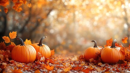 Thanksgiving or autumn scene with pumpkins, autumn leaves and berries on wooden table. Autumn background with copy space. Banner