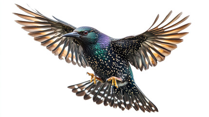 Fototapeta premium A striking starling in flight showcasing vibrant plumage against a white background