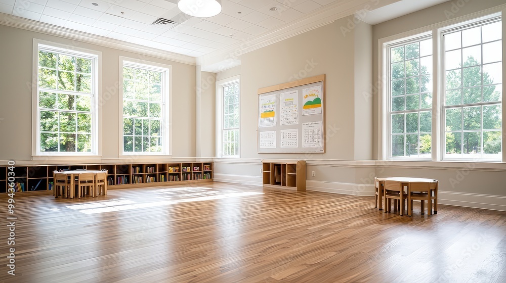 Poster a large room with a white board on the wall and a lot of windows. the room is empty and has a lot of