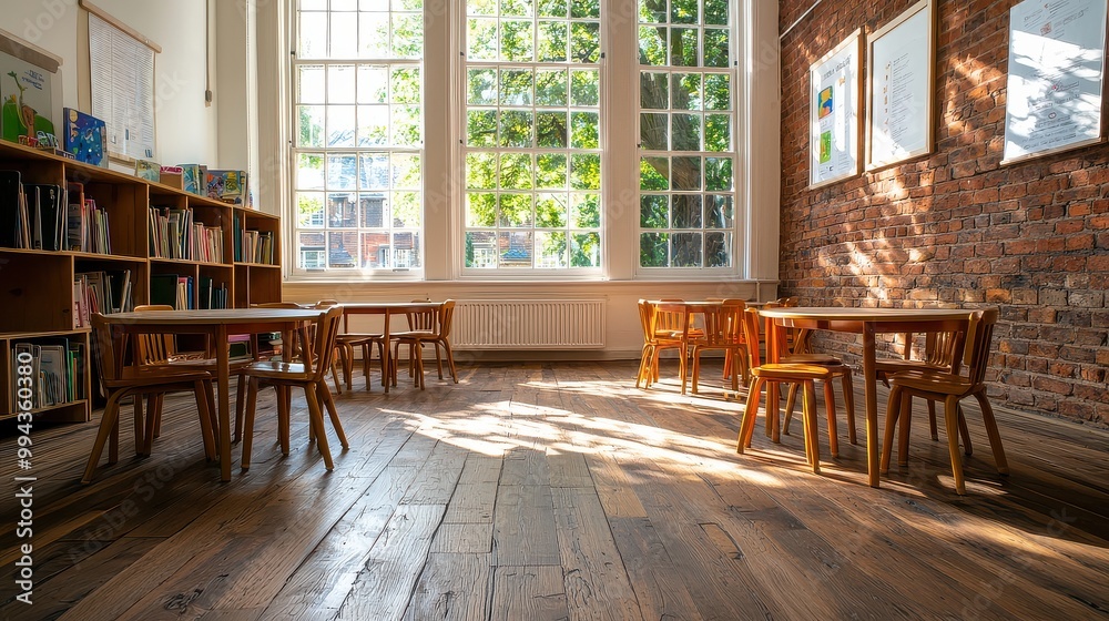Poster a room with a lot of wooden chairs and tables. the chairs are arranged in rows and the tables are em