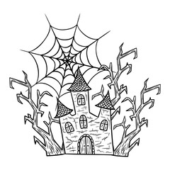Halloween line art illustration with haunted house, spooky trees and spider web. Abandoned mansion graphic monochrome drawing. Hand drawn outline sketch, engraved doodle. For party invitation