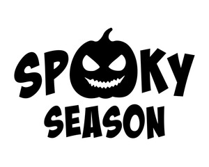 Halloween Spooky Season vector lettering text with a sinister laughing pumpkin silhouette illustration. Graphic monochrome banner. For Halloween party invitation, poster, decor, sticker, DIY crafts.