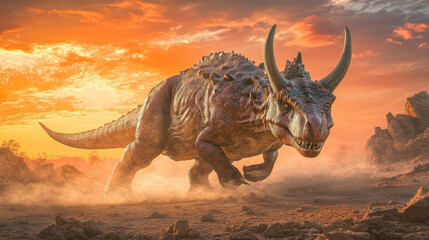 Fototapeta premium A powerful dinosaur in a rocky, arid desert landscape, dust swirling around its feet as it takes a determined step forward, its horns