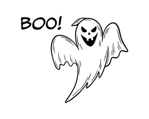 Sinister laughing Halloween ghost illustration in line art style. Graphic monochrome drawing. Hand drawn outline sketch, engraved doodle illustration. For coloring book, invitation, decoration.