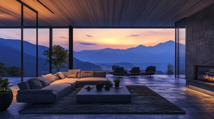 Fototapeta premium Elegant room including a sunset view from the expansive windows, a contemporary, large sofa with armchairs, carpeting, a stone floor, and a wooden ceiling. Create an open living area.