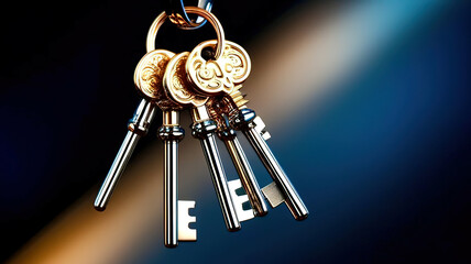 Set of Elegant Gold Keys on a Keyring Against Blue Background