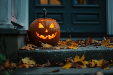 Obraz premium Calm jack-o'-lantern resting on porch, bathed in streetlight with leaves scattered around