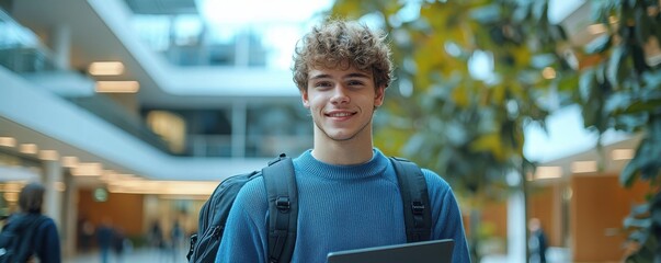 Cinematic shot of a young man with curls holding a laptop, standing in a modern building lobby