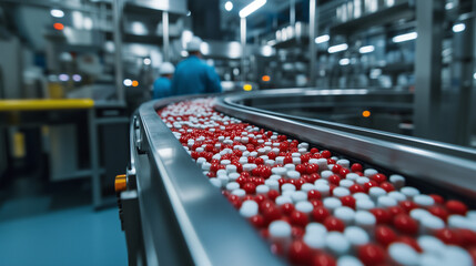 Wysokiej klasy fabryka farmaceutyczna, gdzie zaawansowane roboty i taśmy produkcyjne przesuwają setki tabletek.