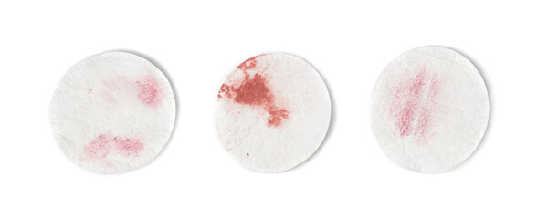 Dirty Cotton Pads and Swabs Isolated, Makeup Removal, Used Cotton Disks after Makeup Cleansing