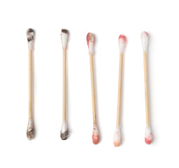 Dirty Cotton Pads and Swabs Isolated, Makeup Removal, Used Cotton Disks after Makeup Cleansing