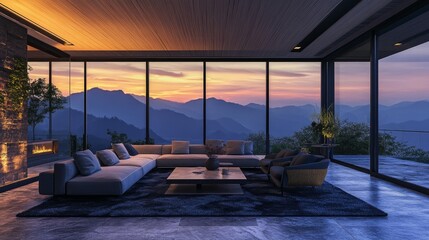 Obraz premium Elegant room including a sunset view from the expansive windows, a contemporary, large sofa with armchairs, carpeting, a stone floor, and a wooden ceiling. Create an open living area.