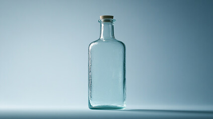 Clear glass bottle with cork standing on a smooth surface against a softly lit background
