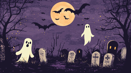 A hand-drawn flat banner of a graveyard with ghosts rising from tombstones, bats flying overhead, and a full moon, Halloween, banner