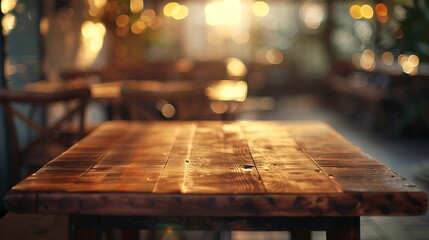 Empty wooden table with christmas theme in background, Warm Glow: A Cozy Evening at a Wooden Table