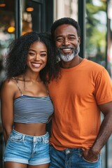 Fototapeta premium Happy African American couple smiling and embracing outdoors in casual summer attire