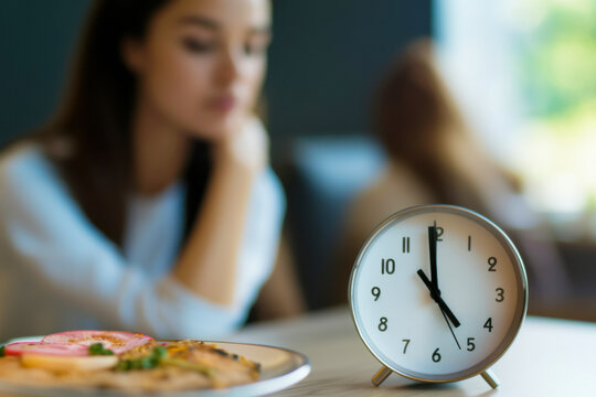 A young woman gazes thoughtfully at a clock while enjoying a meal in a cozy café setting during a late afternoon