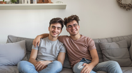 Obraz premium Two smiling young men relax on a cozy couch in a modern living room, embracing casually. Friendship, homosexuality, same-sex love.