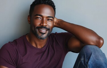 Fototapeta premium Portrait of a confident and attractive man smiling and flexing his arm in casual attire