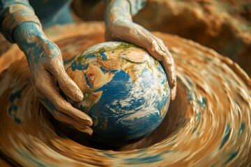 A person molds a clay globe on a pottery wheel with detailed continents and oceans during a creative art session
