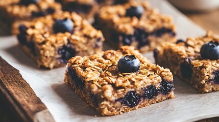 A close up of baked oatmeal bars with blueberries, set on a parchment paper-lined tray with a rustic kitchen background