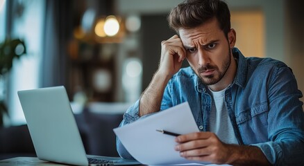 Confused man in denim shirt holding pen and reading document in office setting with laptop. He appears puzzled and deep in thought, indicating a concept of decision making or problem solving.