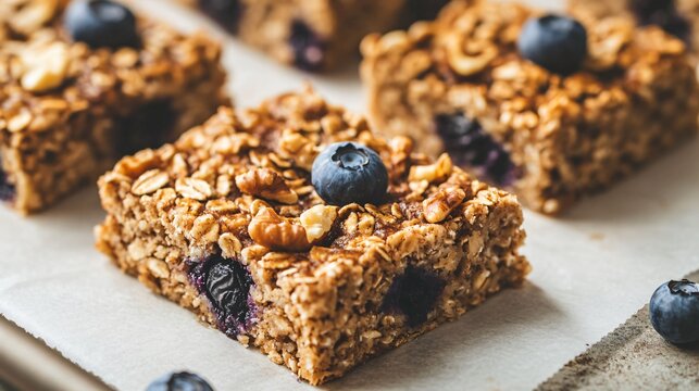 A close up of baked oatmeal bars with blueberries, set on a parchment paper-lined tray with a rustic kitchen background